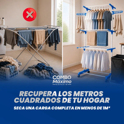 Combo Máximo Espacio - Tendedero Vertical + Cesto de Ropa Premium