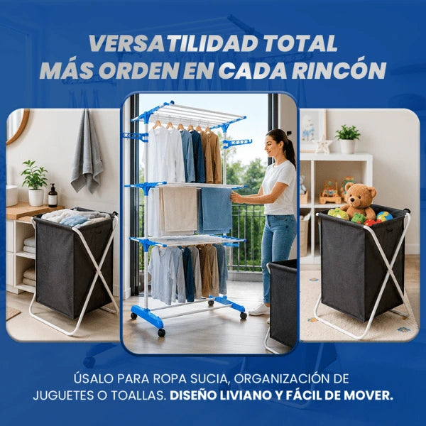 Combo Máximo Espacio - Tendedero Vertical + Cesto de Ropa Premium