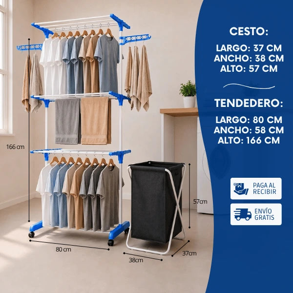 Combo Máximo Espacio - Tendedero Vertical + Cesto de Ropa Premium