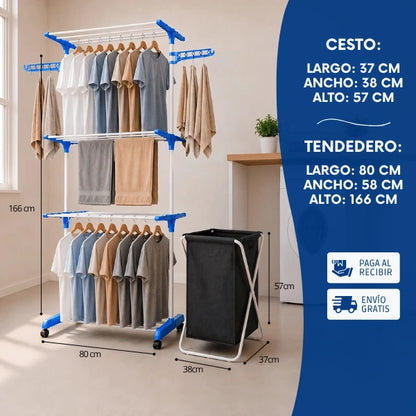 Combo Máximo Espacio - Tendedero Vertical + Cesto de Ropa Premium