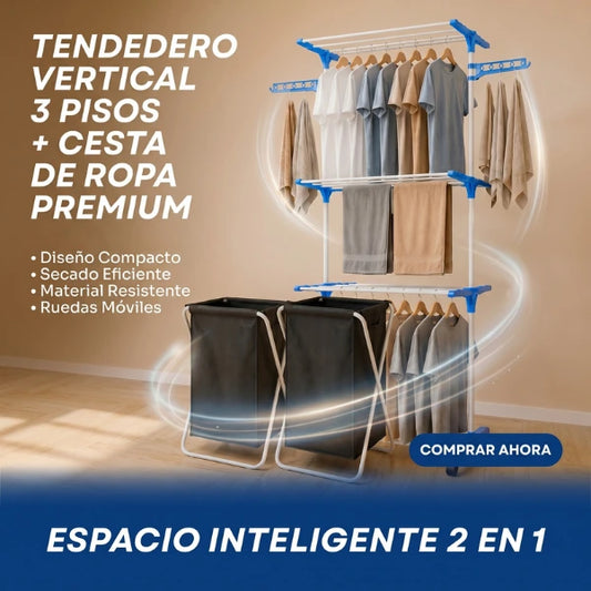 Combo Máximo Espacio - Tendedero Vertical + Cesto de Ropa Premium