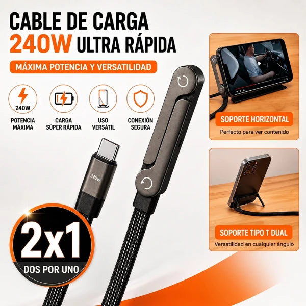 2X1 | FlexiCharge Pro 1.5M™ - Cable Carga Rápida con Soporte Integrado | Android(Tipo-C) & iPhone